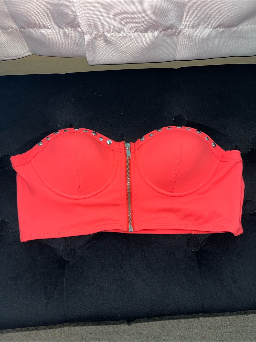 La Hearts Stud-Trim Strapless Bustier Top - Coral Pink